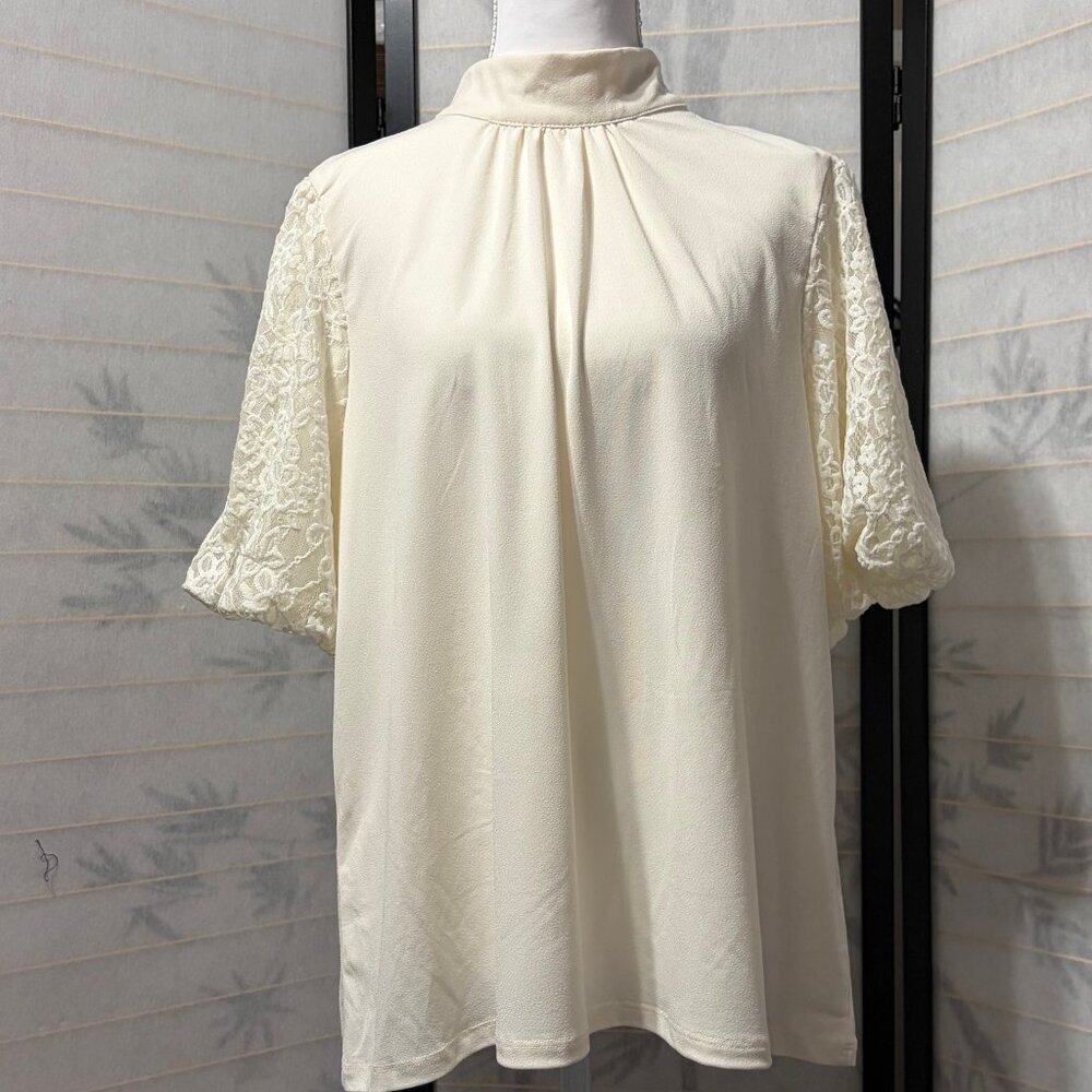 Cable & Gauge Cream Blouse Large Lace Mock Neck Romantic Coquette Cottagecore